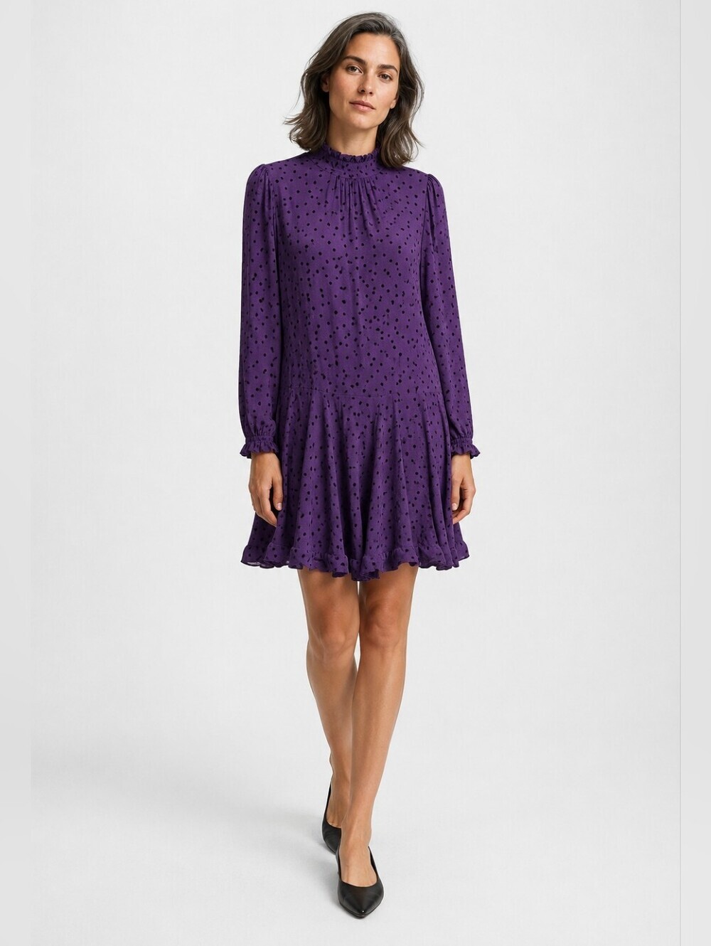 NWT Odi Et Amo Purple Polka Dot Mock Neck Ruffle Mini Fit Flare Dress IT 44 US 8